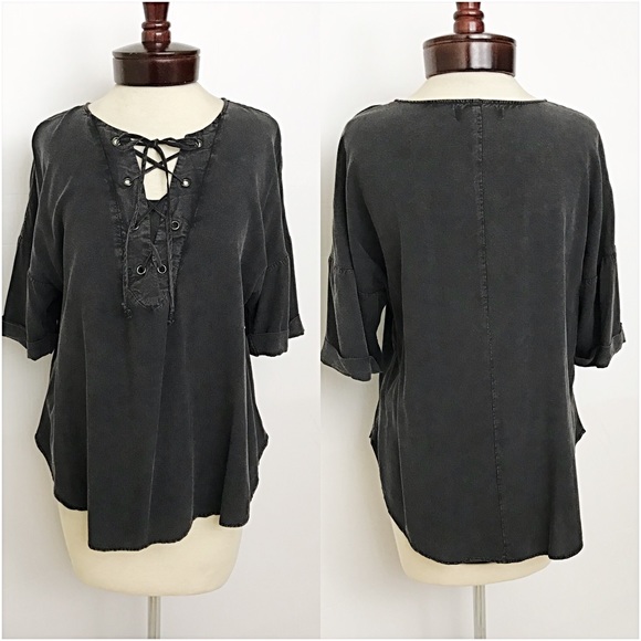 Relaxed Sexy Boho Lace Up Acid Wash Top SMLXL - Picture 5 of 7